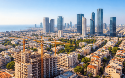 Panoramic, slightly abstract view of a dense city skyline with high-rise towers under a clear blue sky