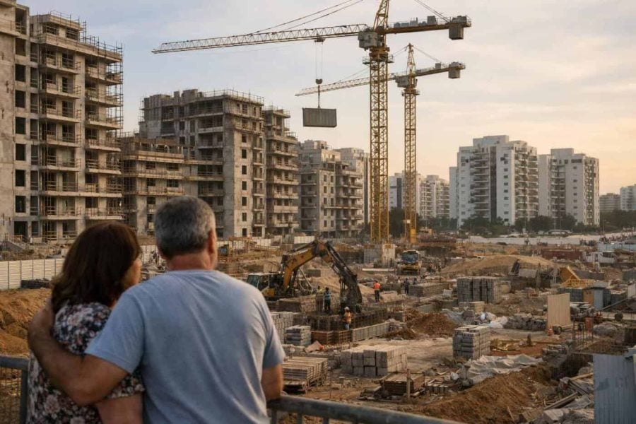 Construction cranes and skyline of Petah Tikva featuring new residential high-rise buildings