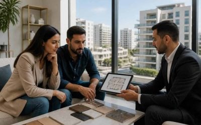 Israeli family reviewing apartment options in a modern residential neighborhood