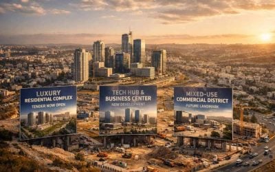 Urban skyline and blueprints representing new strategic municipal real estate tenders in Israel