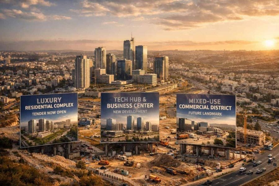 Urban skyline and blueprints representing new strategic municipal real estate tenders in Israel