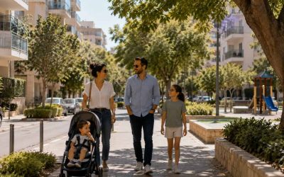 Family walking in a quiet Israeli residential neighborhood with parking
