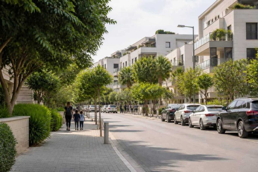 Modern residential street in central Israel with apartment buildings, trees, and family-friendly sidewalks