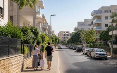Residential apartment buildings and tree-lined streets in a suburban Israeli city