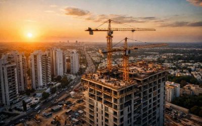Construction cranes and modern apartment buildings representing urban renewal projects in Ra’anana