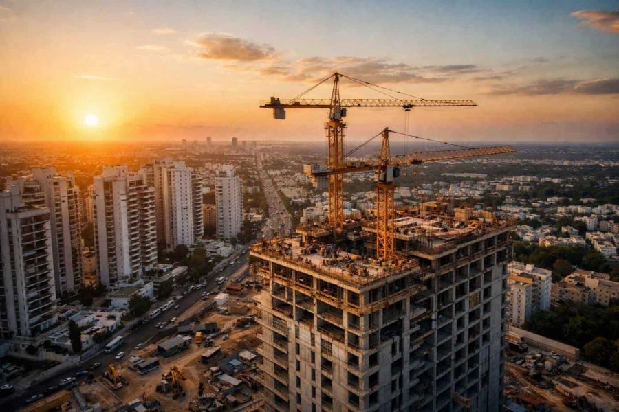 Construction cranes and modern apartment buildings representing urban renewal projects in Ra’anana