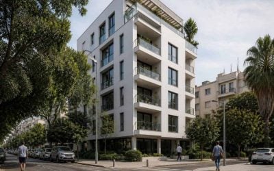 Modern residential apartment building in a leafy Tel Aviv neighborhood with balconies and street-level greenery
