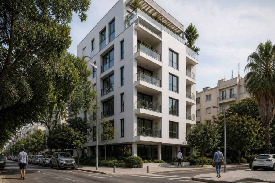 Modern residential apartment building in a leafy Tel Aviv neighborhood with balconies and street-level greenery