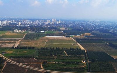Aerial view of fields and the Ramat Hasharon area, photographed in 2013.