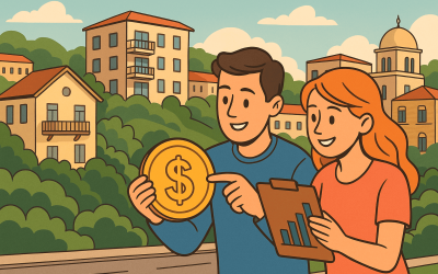 Couple reviewing financial documents with a coin and city view.