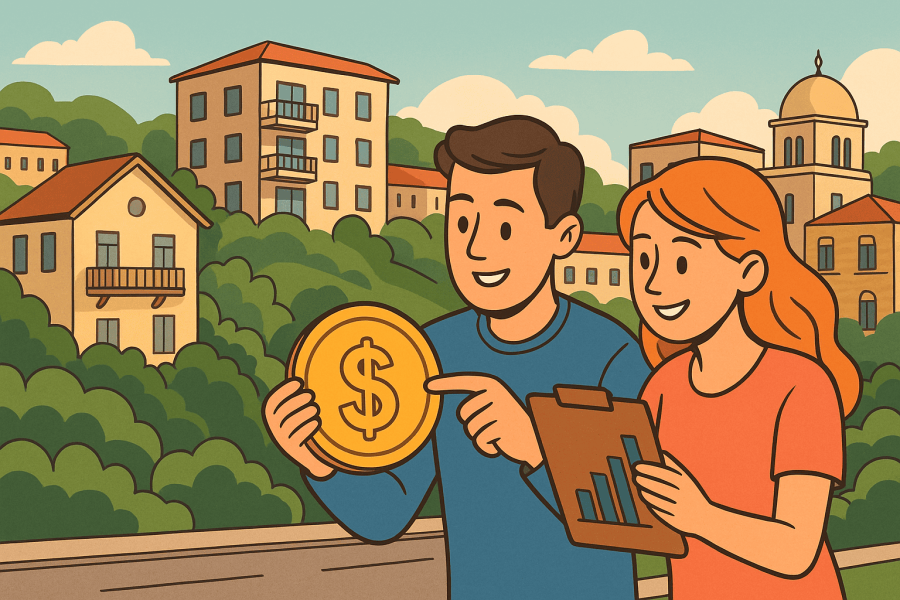 Couple reviewing financial documents with a coin and city view.