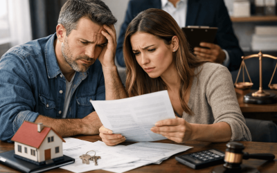 Couple stressed over financial documents and house model.