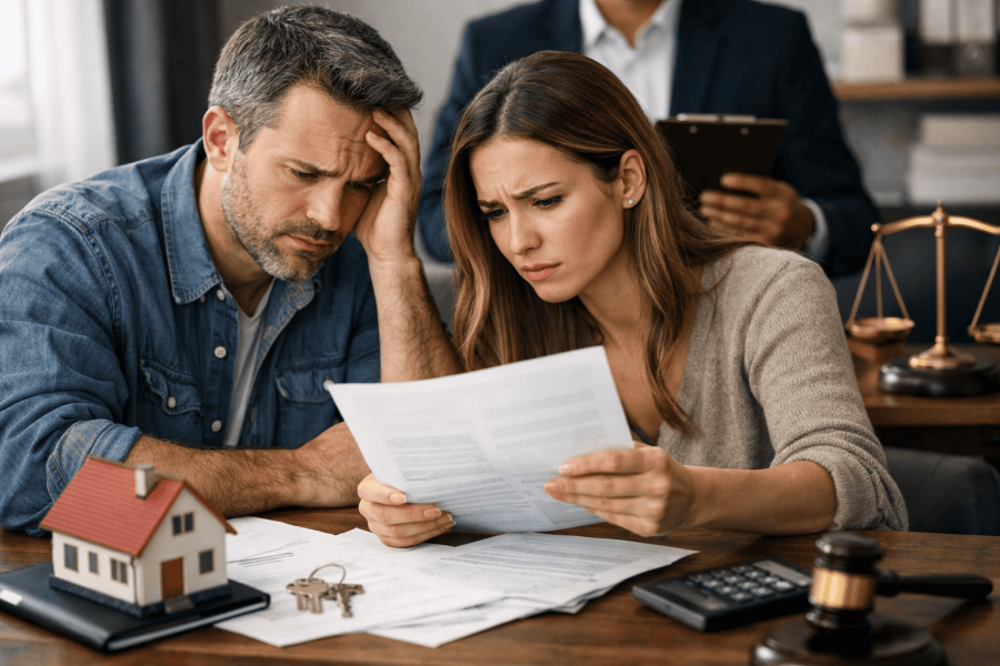 Couple stressed over financial documents and house model.