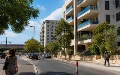 Modern apartment buildings and a tree-lined street in Rehovot, Israel