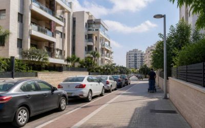 Modern apartment buildings and residential streets in Rehovot, Israel