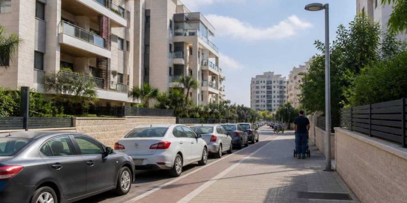 Modern apartment buildings and residential streets in Rehovot, Israel