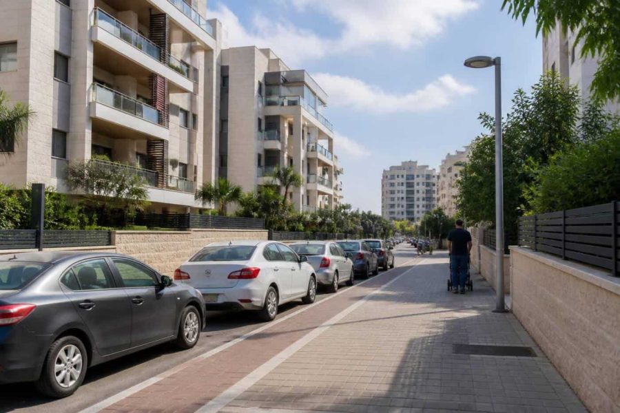 Modern apartment buildings and residential streets in Rehovot, Israel