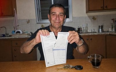relieved man in old kitchen