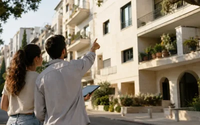 Couple on a quiet Israeli street studying a relisted property apartment building before booking a viewing