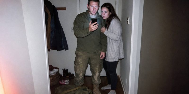 Young Israeli reservist in dusty uniform stands with his partner in their apartment entryway, both anxiously reading the housing lottery results on his phone, his duffel bag on the floor beside them