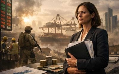 Israeli flag and financial growth charts next to a legal gavel, symbolizing economic resilience and emergency legislation