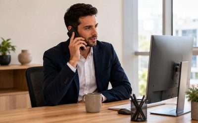 Real estate advisor prioritizing active client conversations in a clean office setting