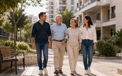 Retired couple visiting family near accessible Israeli apartment buildings