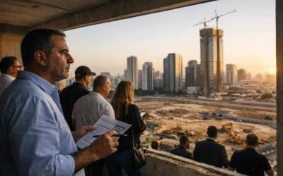 View of Rishon LeZion city skyline and construction site for future high-rise development