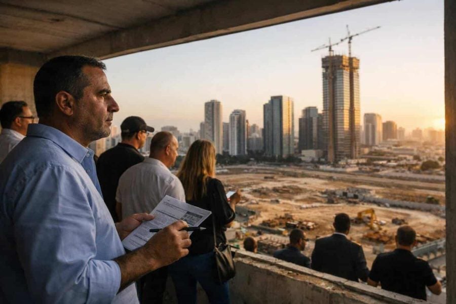 View of Rishon LeZion city skyline and construction site for future high-rise development