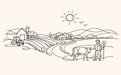 rural farming landscape with farmer cow fields barn tractor hills sun