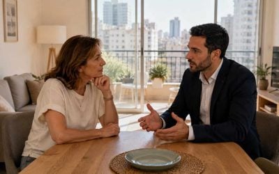 Israeli homeowner and advisor discussing current market pricing in a residential apartment