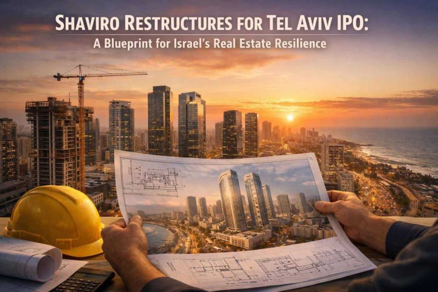 Tel Aviv skyline with construction cranes symbolizing Shaviro's real estate restructuring and upcoming IPO