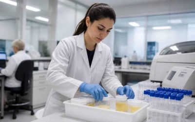 Laboratory technician handling specimen containers in a modern hospital lab