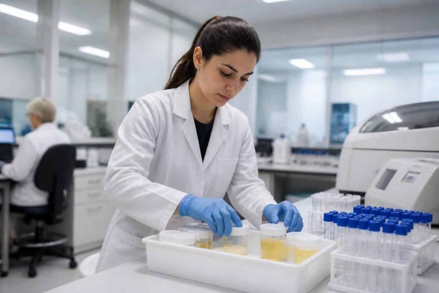 Laboratory technician handling specimen containers in a modern hospital lab