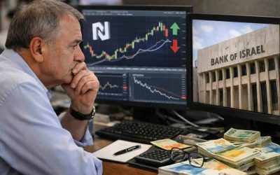Bank of Israel building with Israeli Shekel currency coins and financial graph
