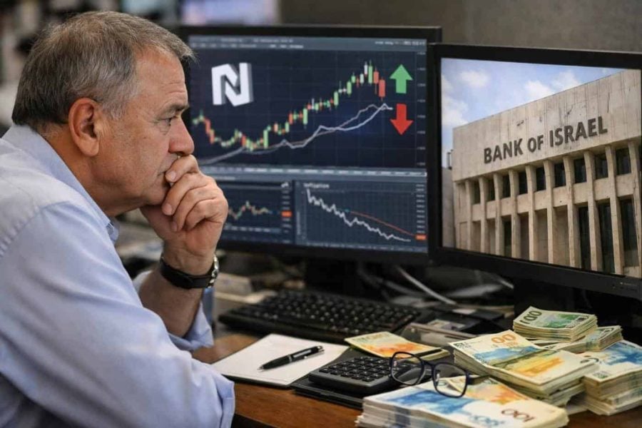 Bank of Israel building with Israeli Shekel currency coins and financial graph