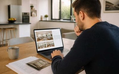 Israeli apartment buyer reviewing listing changes on a laptop beside printed property notes