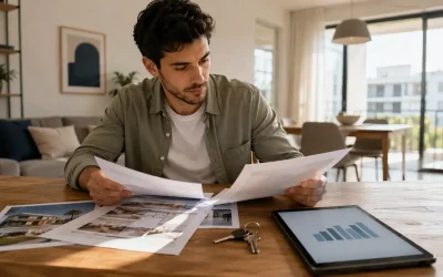 Calm home buyer reviewing budget documents and keys while planning a steady purchase ceiling in Israel