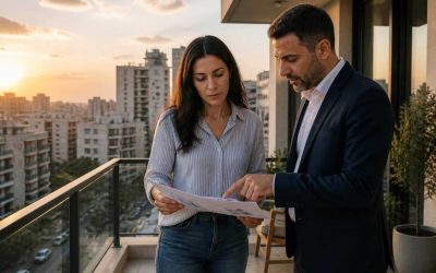 Israeli residential apartment building with a thoughtful seller reviewing market notes
