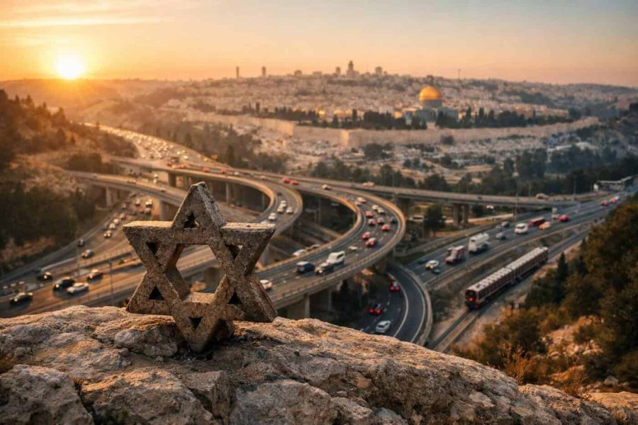 Aerial view of traffic and infrastructure development at the Hemed Interchange near Jerusalem
