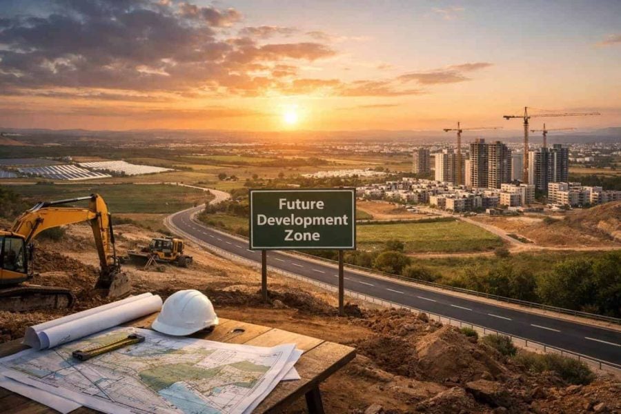 Aerial view of strategic land development and construction sites in Israel
