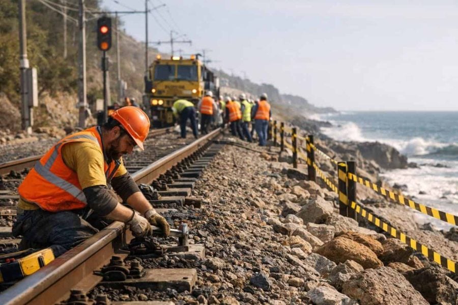 Railway engineers performing strategic safety upgrades on the Coastal Line tracks