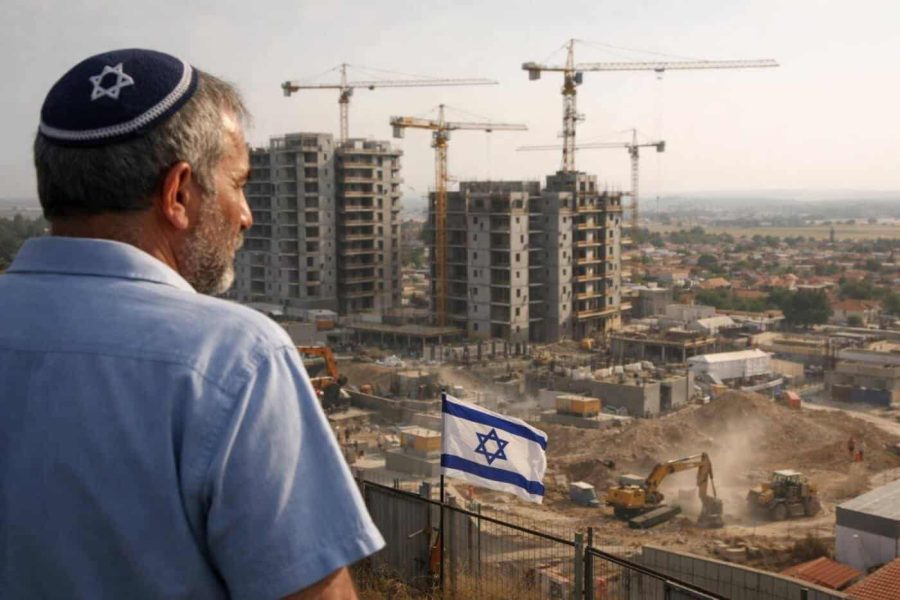 Aerial view of construction sites and urban development plans in Bnei Ayish, Israel