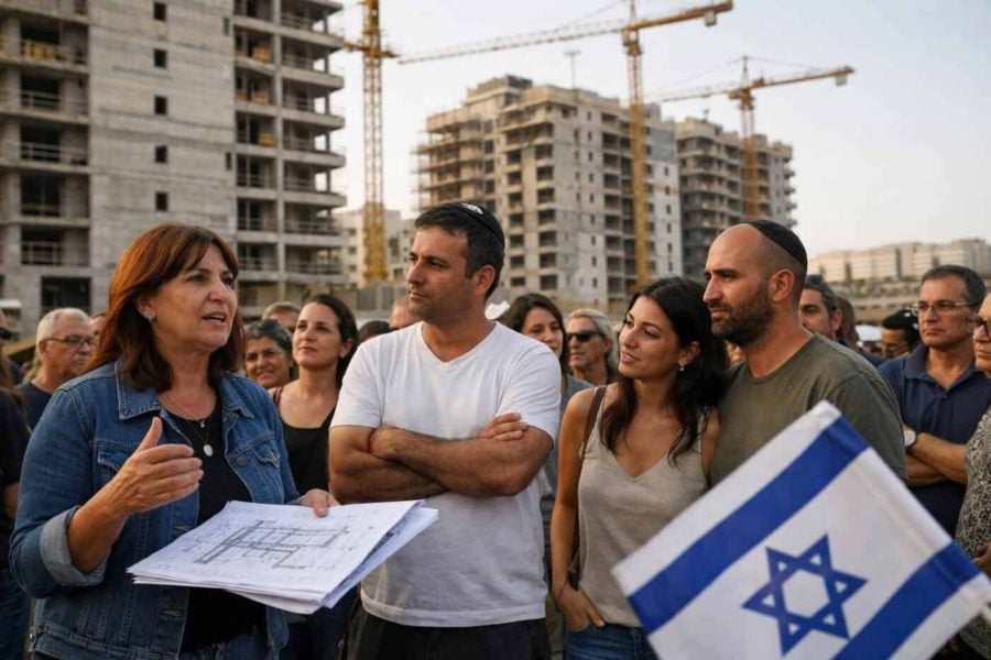 Group of people reviewing construction blueprints for a collective housing project in Israel