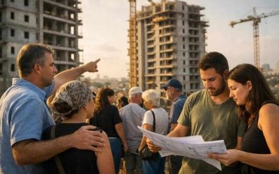 Group of investors reviewing blueprints for a collective buying real estate project in Israel