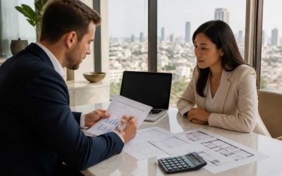 Foreign property buyer reviewing exchange rates and apartment documents with a real estate adviser in a modern Israeli office