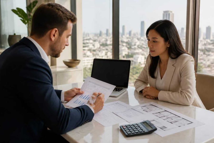 Foreign property buyer reviewing exchange rates and apartment documents with a real estate adviser in a modern Israeli office