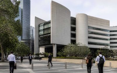 Bank of Israel building with people walking nearby in a modern urban financial district
