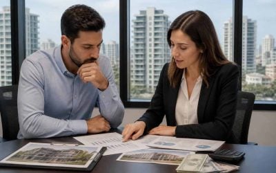Foreign property buyer reviewing Israeli real estate costs and currency exchange rates with an adviser