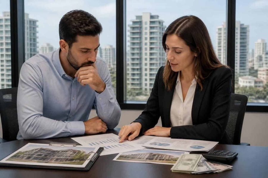 Foreign property buyer reviewing Israeli real estate costs and currency exchange rates with an adviser